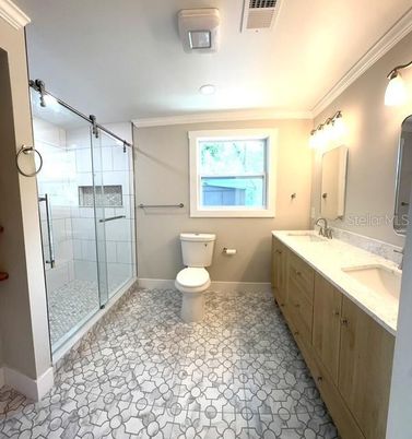 Bathroom, Dual Sink Vanities, Glass Shower, Interior