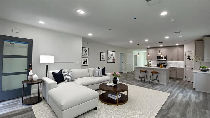 Interior, Kitchen, Living room, Pendant Lights, Recessed Lighting, Stainless Steel Appliances, Wood Texture Flooring