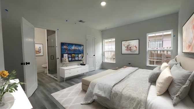 Bedroom, Interior, Recessed Lighting, Wood Texture Flooring