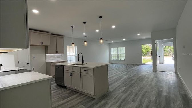 Interior, Kitchen, Pendant Lights, Recessed Lighting, Wood Texture Flooring