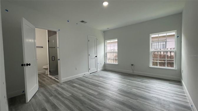 Bathroom, Empty room, Interior, Recessed Lighting, Wood Texture Flooring