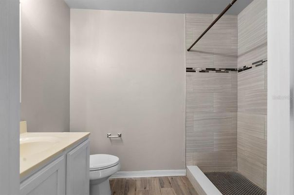 Bathroom, Glass Shower, Interior, Wood Texture Flooring