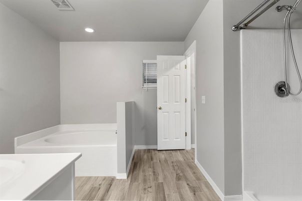 Bathroom, Interior, Recessed Lighting, Wood Texture Flooring