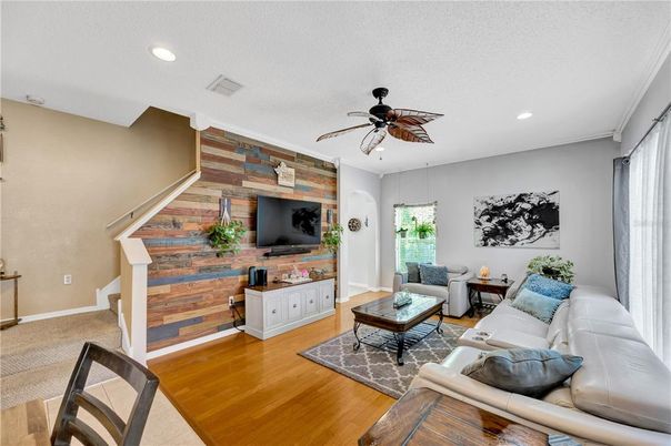 Interior, Living room, Recessed Lighting, Wood Texture Flooring, Wooden Walls