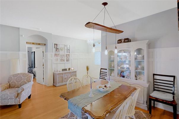 Dining room, Interior, Pendant Lights, Wood Texture Flooring