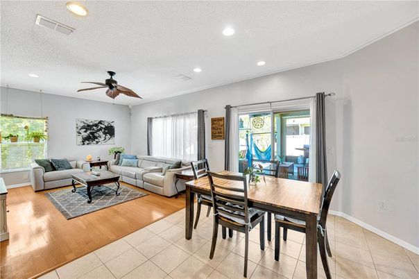 Dining room, Interior, Living room, Recessed Lighting, Wood Texture Flooring