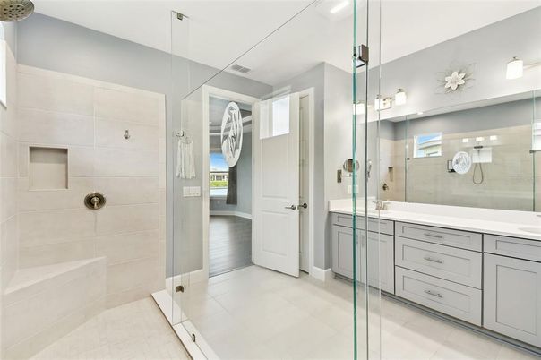 Bathroom, Glass Shower, Interior, Wood Texture Flooring
