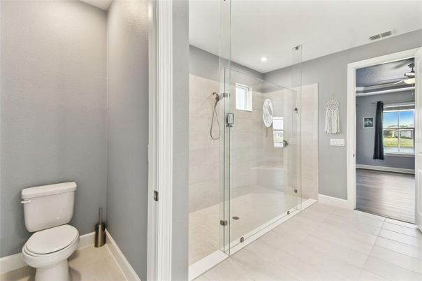 Bathroom, Glass Shower, Interior, Recessed Lighting, Wood Texture Flooring