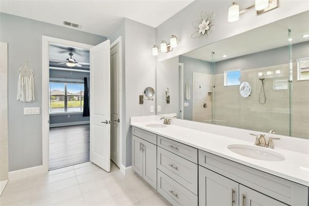 Bathroom, Dual Sink Vanities, Glass Shower, Interior, Recessed Lighting