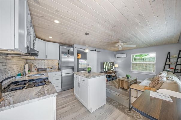 Interior, Kitchen, Pendant Lights, Recessed Lighting, Stainless Steel Appliances, Wooden Ceilings, Wood Texture Flooring