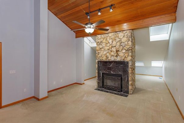 Empty room, Fireplace, Interior, Stone Walls, Wooden Ceilings