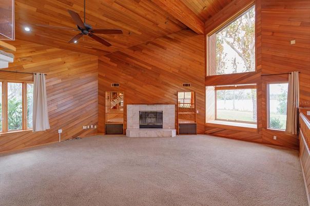 Empty room, Fireplace, Interior, Recessed Lighting, Wooden Ceilings, Wooden Walls
