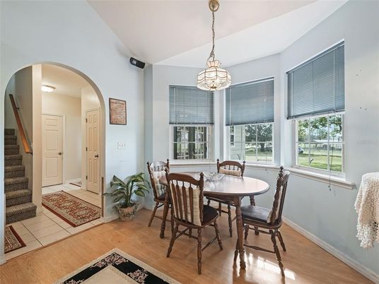 Dining room, Interior, Pendant Lights, Wood Texture Flooring
