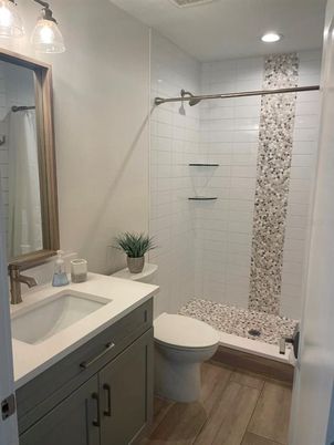 Bathroom, Glass Shower, Interior, Recessed Lighting, Wood Texture Flooring