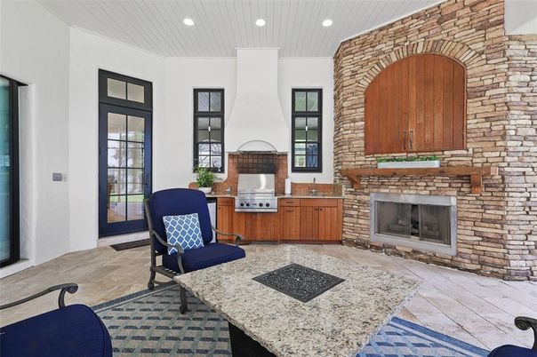 Fireplace, Interior, Recessed Lighting, Stone Walls