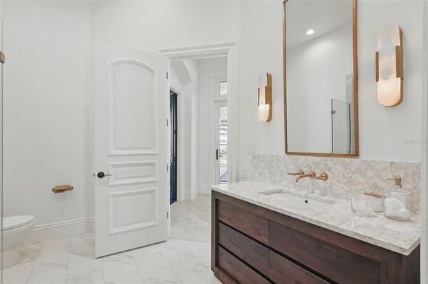 Bathroom, Dual Sink Vanities, Interior, Marble, Recessed Lighting