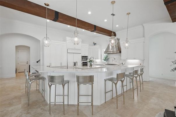 Interior, Kitchen, Pendant Lights, Recessed Lighting, Stainless Steel Appliances, Wooden Beams