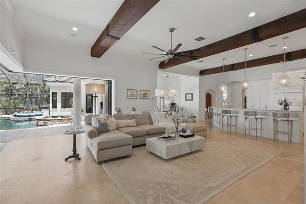 Interior, Living room, Pendant Lights, Recessed Lighting, Wooden Beams