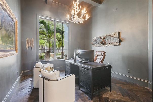 Chandelier, Home Office, Interior, Wood Texture Flooring