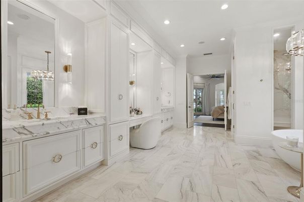 Bathroom, Dual Sink Vanities, Interior, Marble, Pendant Lights, Recessed Lighting