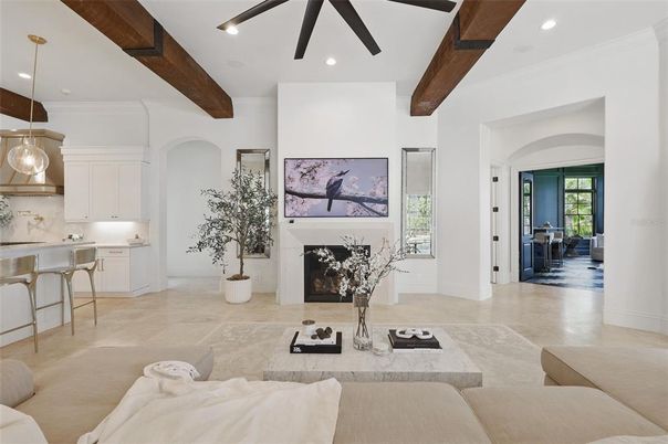 Fireplace, Interior, Kitchen, Living room, Pendant Lights, Recessed Lighting, Wooden Beams