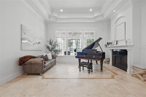Fireplace, Interior, Living room, Piano, Recessed Lighting