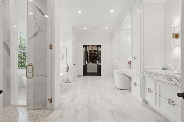 Bathroom, Dual Sink Vanities, Free Standing Baths, Glass Shower, Interior, Marble, Marble Walls, Recessed Lighting
