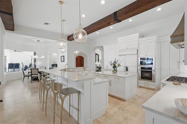 Dining room, Interior, Kitchen, Pendant Lights, Recessed Lighting, Stainless Steel Appliances, Wooden Beams