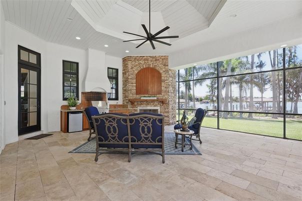 Fireplace, Interior, Recessed Lighting, Stone Walls, Sun Room