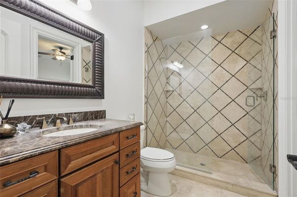 Bathroom, Glass Shower, Interior, Recessed Lighting
