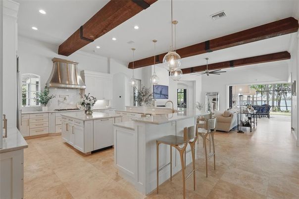 Interior, Kitchen, Living room, Pendant Lights, Recessed Lighting, Stainless Steel Appliances, Wooden Beams