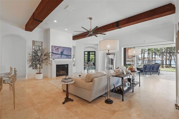 Fireplace, Interior, Living room, Recessed Lighting, Wooden Beams