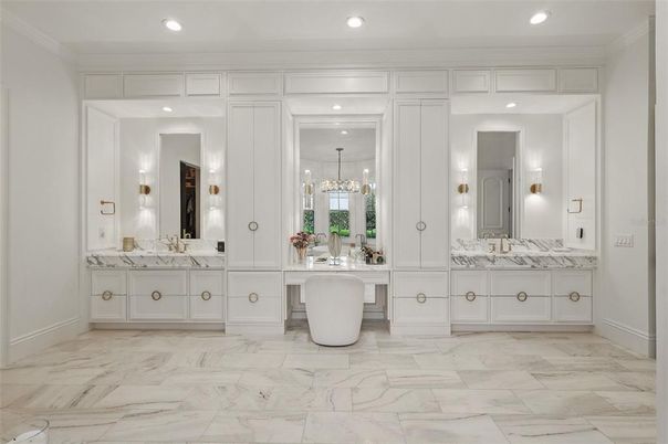 Bathroom, Chandelier, Dual Sink Vanities, Interior, Marble, Pendant Lights, Recessed Lighting