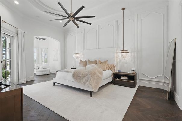 Bedroom, Interior, Pendant Lights, Recessed Lighting, Wood Texture Flooring