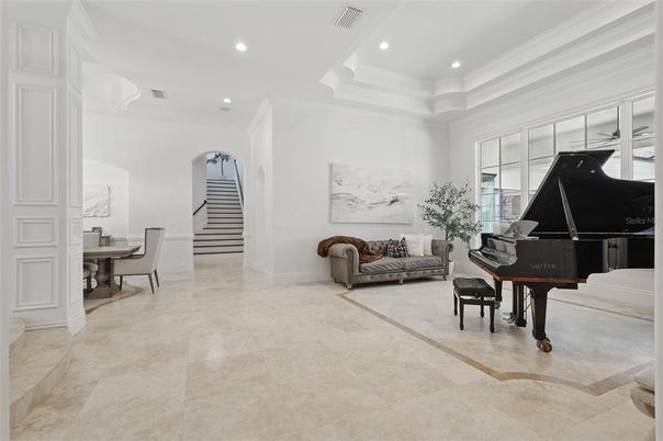 Dining room, Interior, Living room, Piano, Recessed Lighting