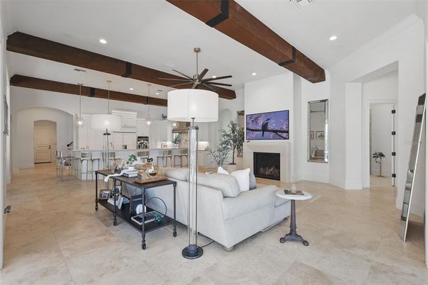 Fireplace, Interior, Kitchen, Living room, Pendant Lights, Recessed Lighting, Wooden Beams