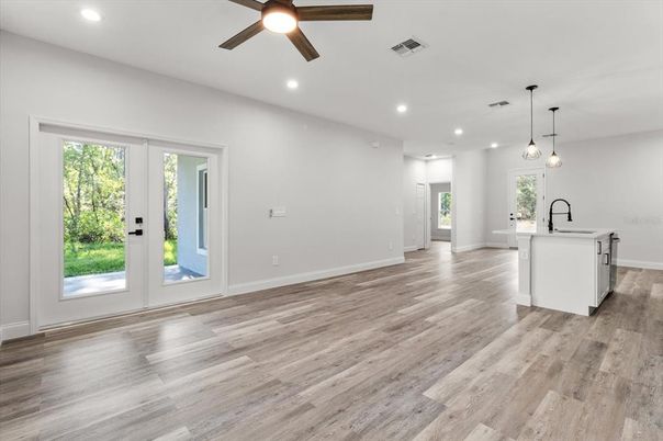 Empty room, Interior, Kitchen, Pendant Lights, Recessed Lighting, Wood Texture Flooring