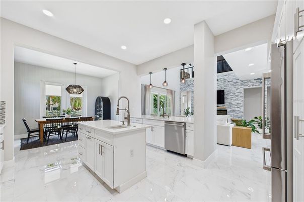 Dining room, Interior, Kitchen, Marble, Pendant Lights, Recessed Lighting, Stainless Steel Appliances