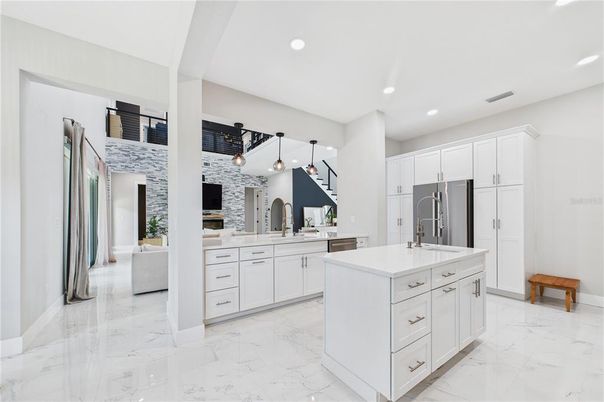Interior, Kitchen, Marble, Pendant Lights, Recessed Lighting, Stainless Steel Appliances