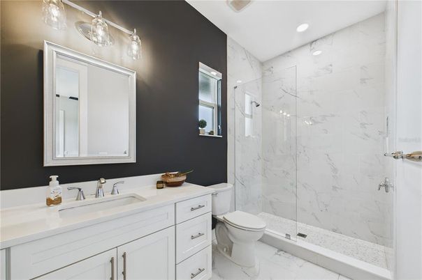 Bathroom, Glass Shower, Interior, Marble, Marble Walls, Recessed Lighting