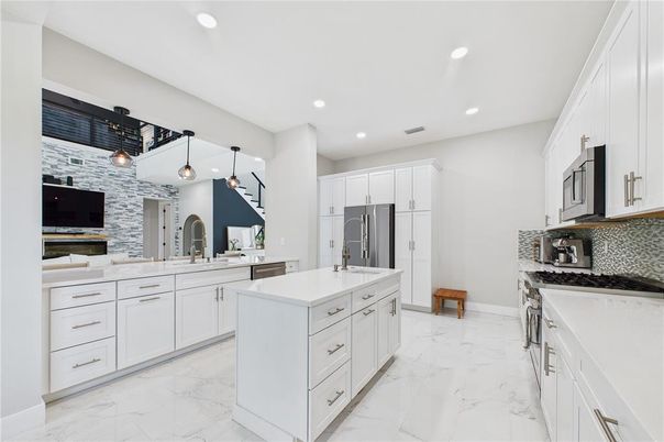 Interior, Kitchen, Marble, Pendant Lights, Recessed Lighting, Stainless Steel Appliances