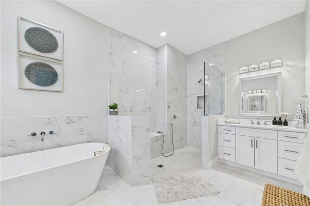 Bathroom, Free Standing Baths, Glass Shower, Interior, Marble, Marble Walls, Recessed Lighting