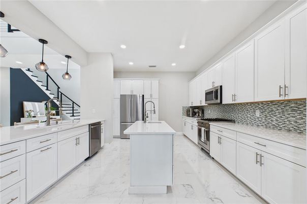Interior, Kitchen, Marble, Pendant Lights, Recessed Lighting, Stainless Steel Appliances