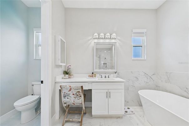 Bathroom, Dual Sink Vanities, Free Standing Baths, Interior, Marble, Marble Walls