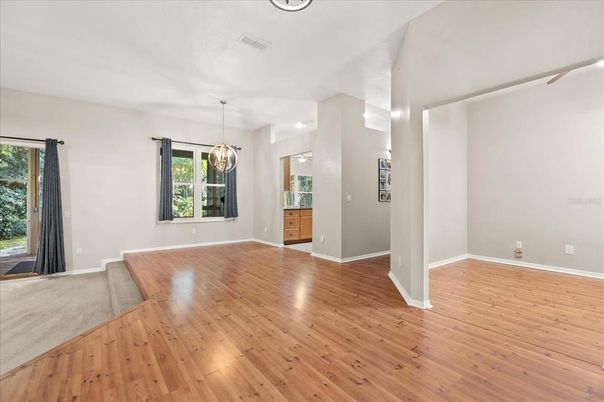 Empty room, Interior, Pendant Lights, Recessed Lighting, Wood Texture Flooring