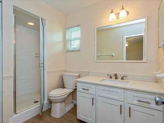 Bathroom, Glass Shower, Interior, Wood Texture Flooring