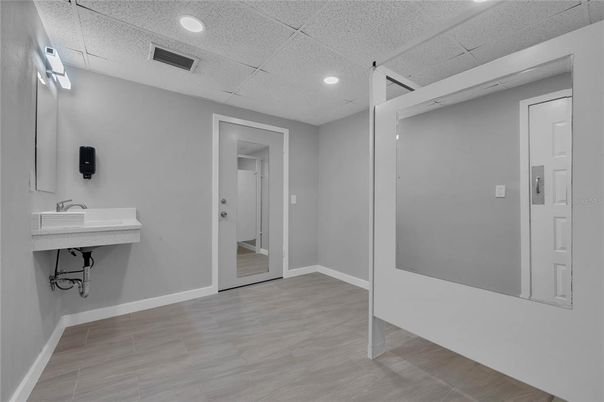 Bathroom, Empty room, Interior, Recessed Lighting, Wood Texture Flooring