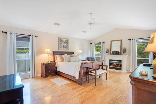 Bedroom, Fireplace, Interior, Wood Texture Flooring