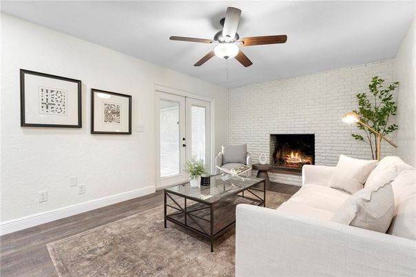 Fireplace, Interior, Living room, Stone Walls, Wood Texture Flooring