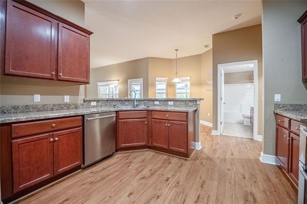 Interior, Kitchen, Pendant Lights, Wood Texture Flooring
